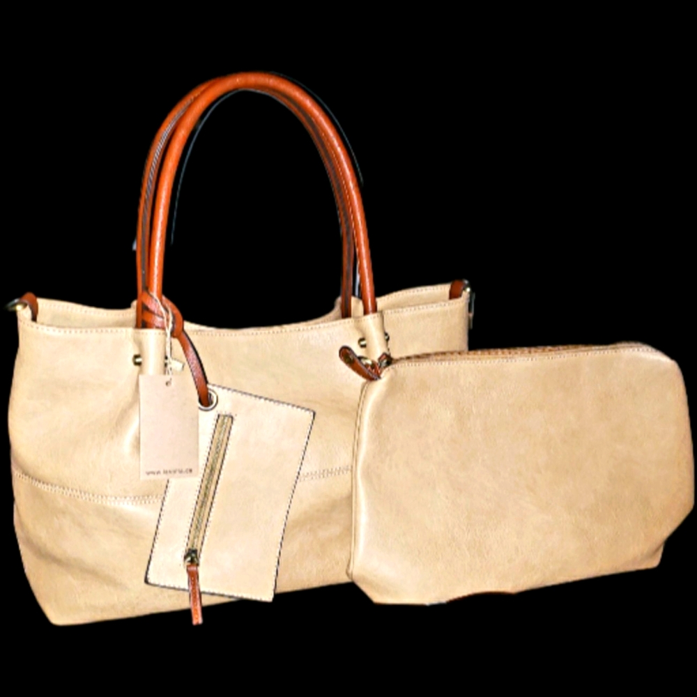 NEW Eleganté Genuine Vegan Leather Handbag + Laptop Sleeve + Snap In Clutch